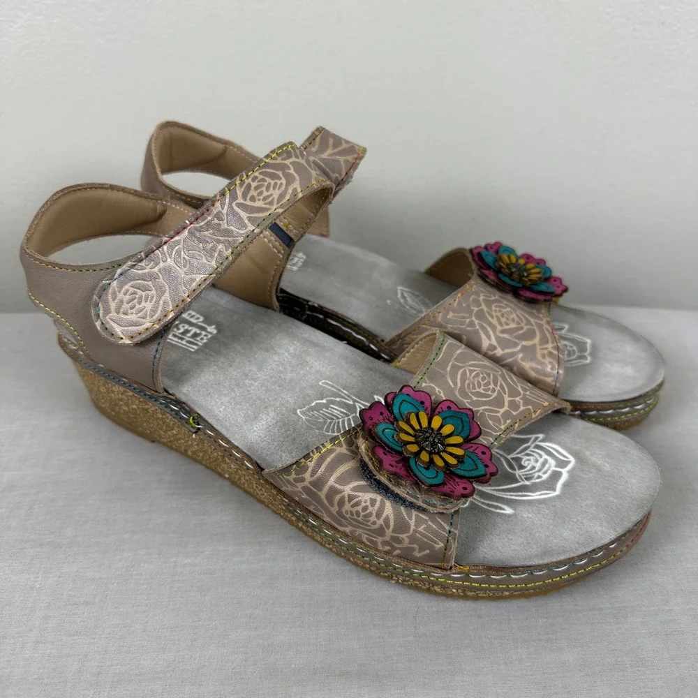 Spring Step L'Artiste Women's 42 Wedge Sandals Taupe Floral Boho Cottage NEW